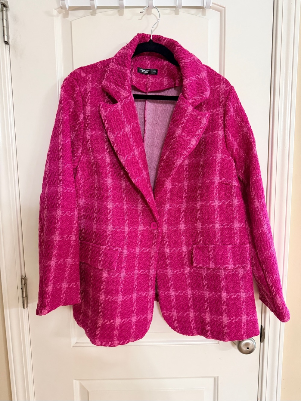 Fuchsia Plaid Single-Button Blazer
